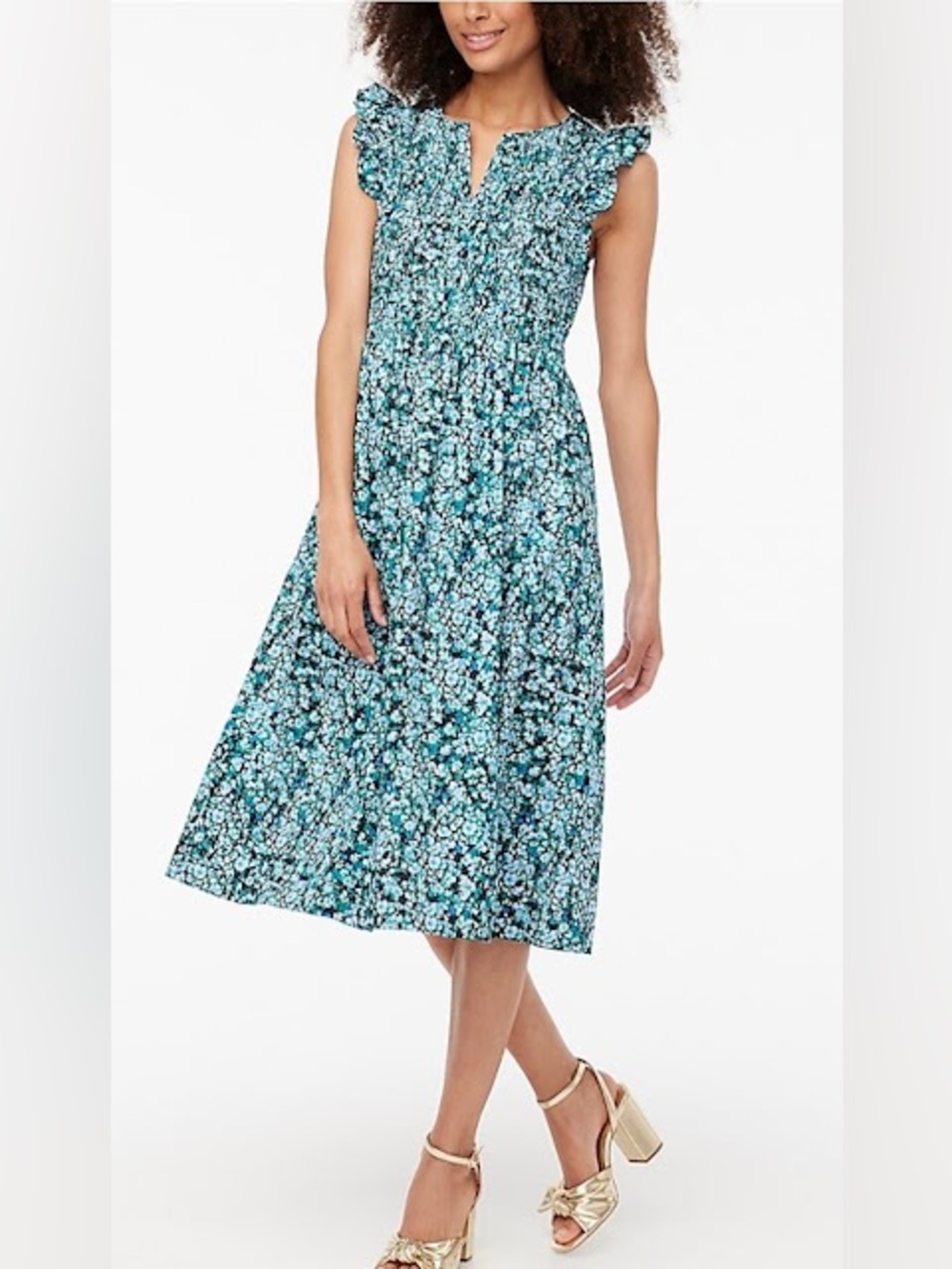 J Crew Smocked Bust Flutter Sleeve Cotton Midi Black Blue Floral size Large